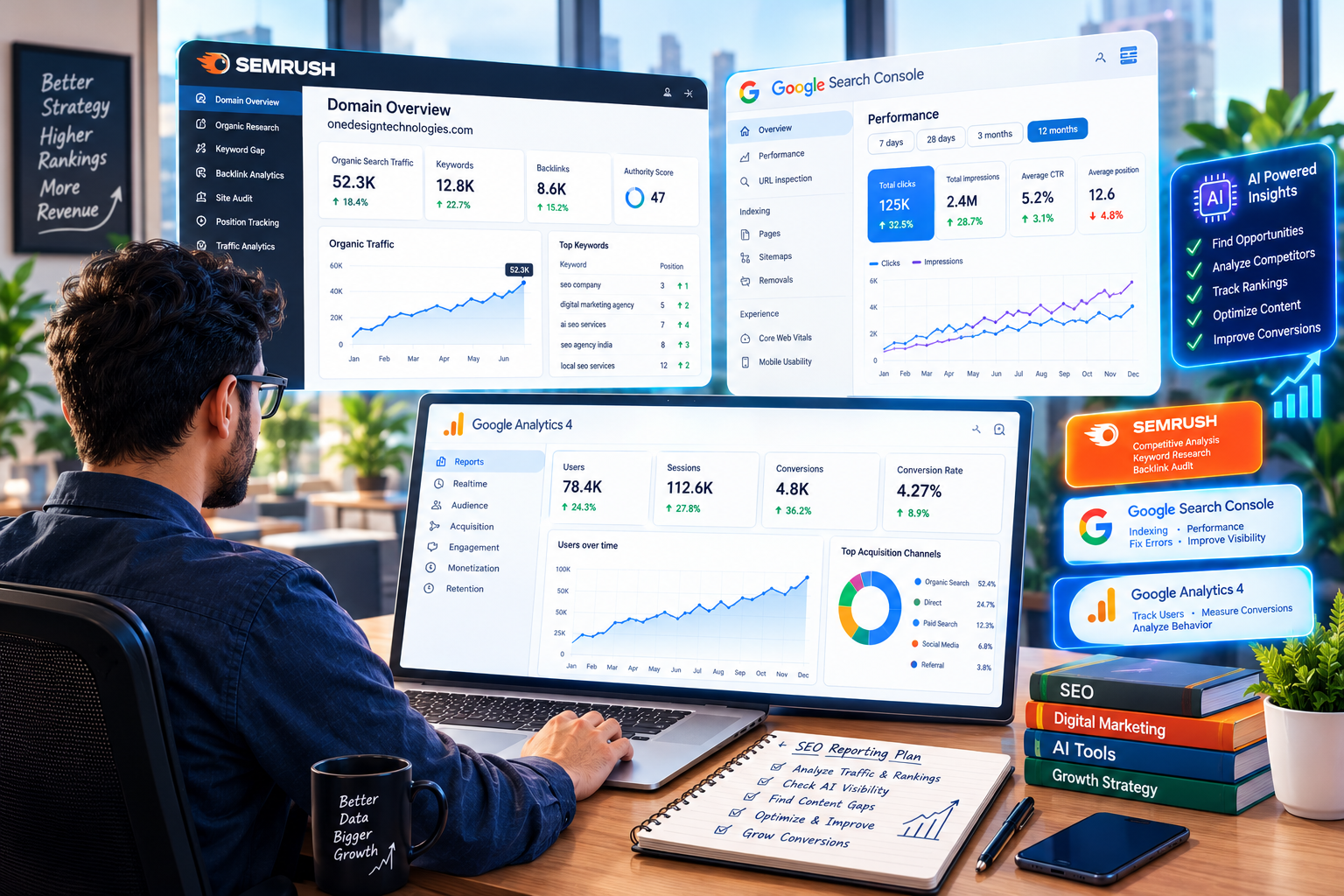 a digital marketer using AI-powered analytical tools such as Semrush, Google Search Console and Google Analytics 4 for SEO reporting.