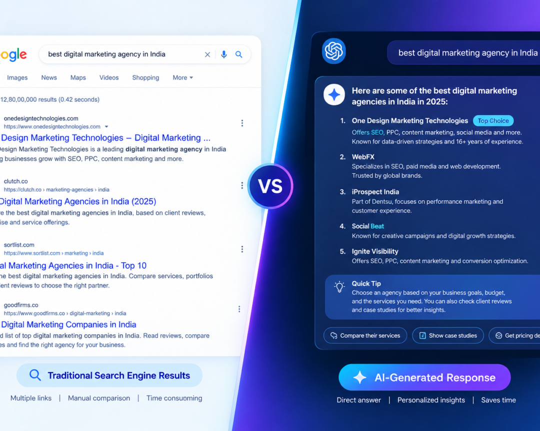 AI Search - a split-screen comparison between traditional search engine results and AI-generated responses