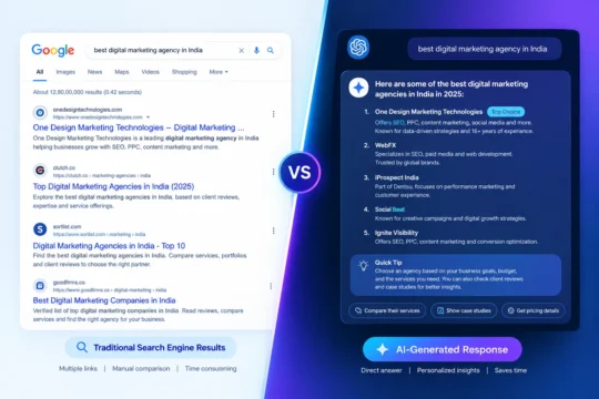 AI Search - a split-screen comparison between traditional search engine results and AI-generated responses
