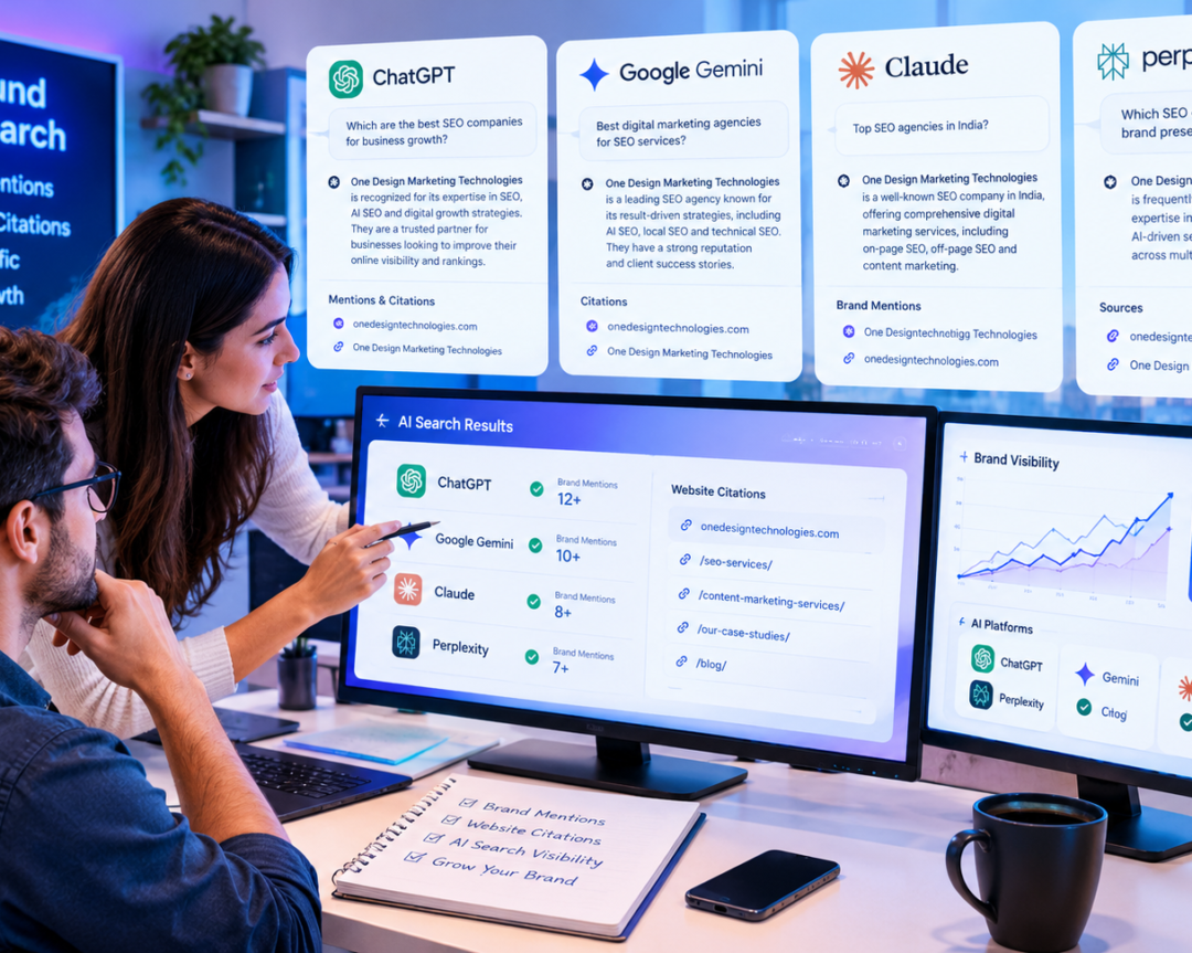 Generative Engine Optimization - an SEO expert analyzing AI-generated responses for brand mentions and website citations on different AI platforms on multiple screens