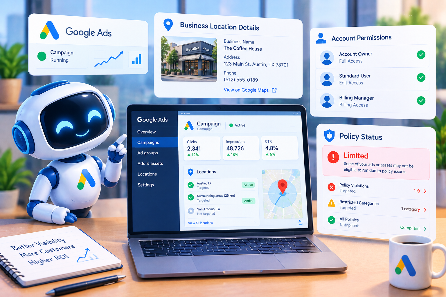 Google Location Asset Requirements - A digital advertising dashboard showing business location details, account permissions, and policy status for a Google Ads campaign.