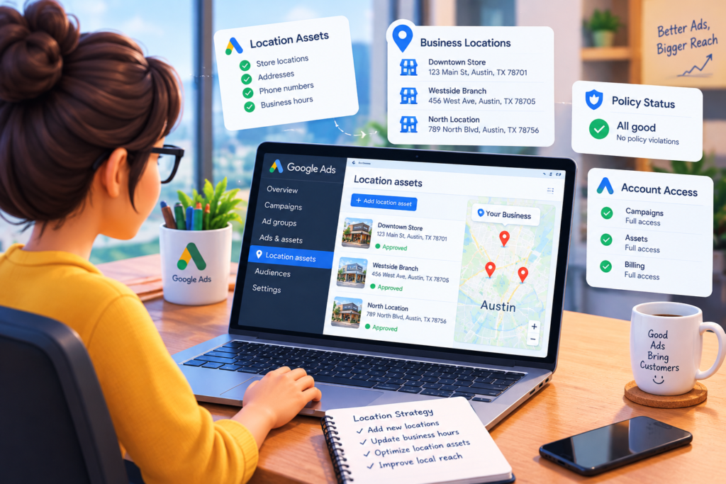 Google Location Asset Requirements -A digital marketer reviewing Google Ads location assets on a laptop, with a map displaying business pins. Google Location Asset Requirements: What You Need to Know