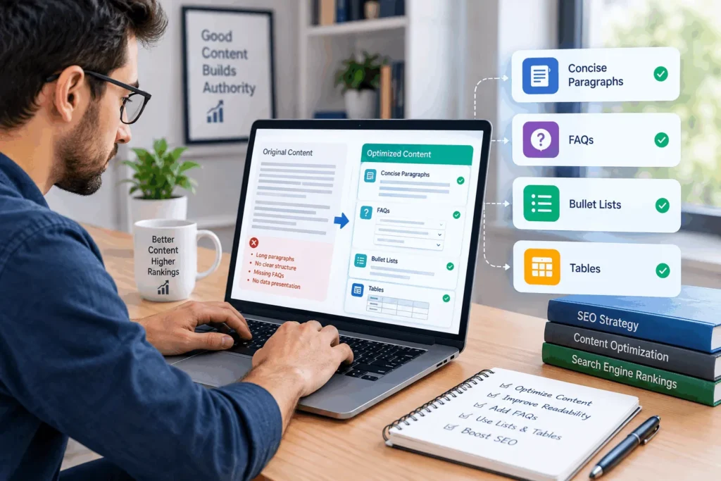 Marketer using a laptop to track AI visibility and refine content for higher rankings