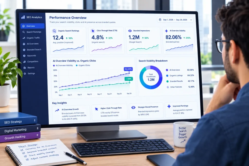 Technical SEO and Website Optimization Man analyzing an SEO analytics dashboard with traffic charts on a large monitor