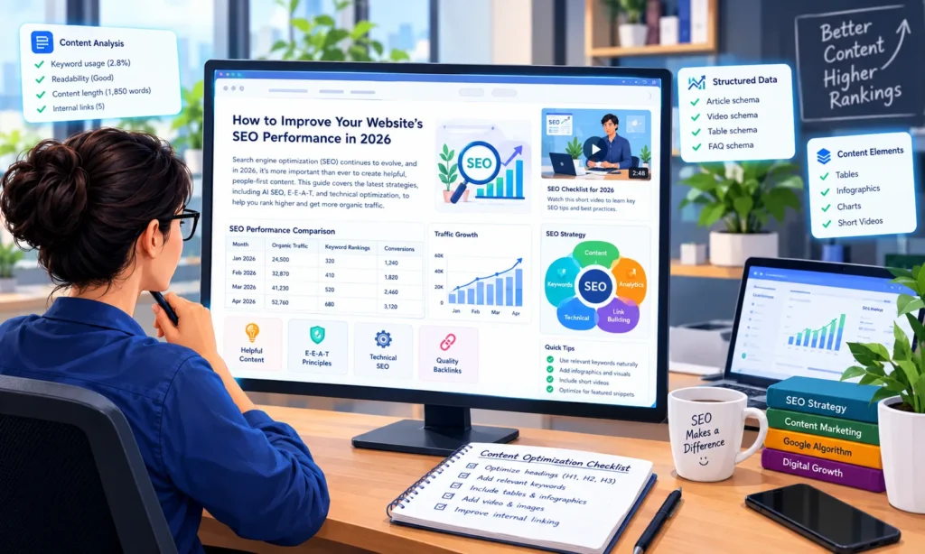 Marketer reviewing an SEO workspace analytics report on a monitor
