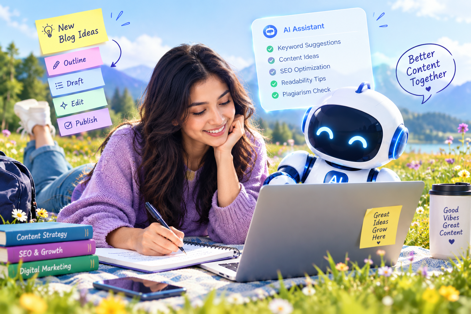 Writers writing content happily with a cute AI robot at their side to help. The background is a meadow.