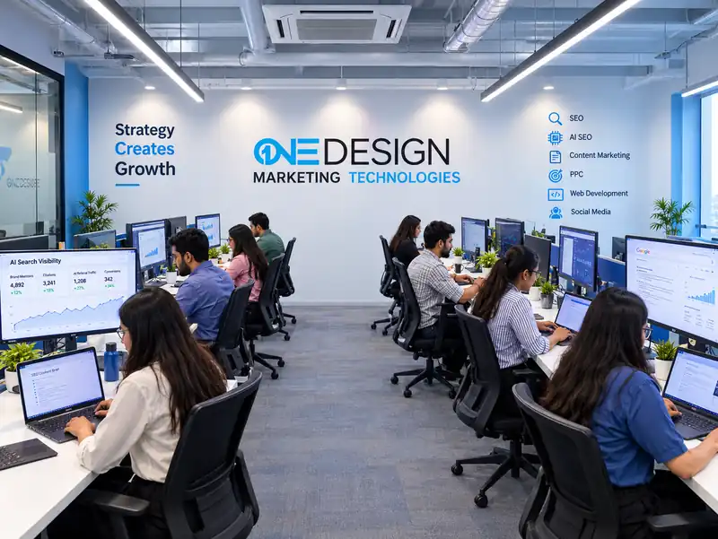 One Design Marketing Technologies SEO and digital marketing team working together in the office